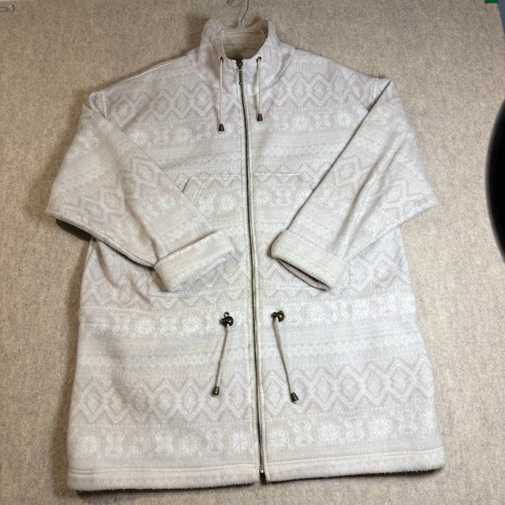NY 10018 Fleece Jacket Wmn L Beige Fair Isle Vintage Oversized Zip Up Boho Cozy